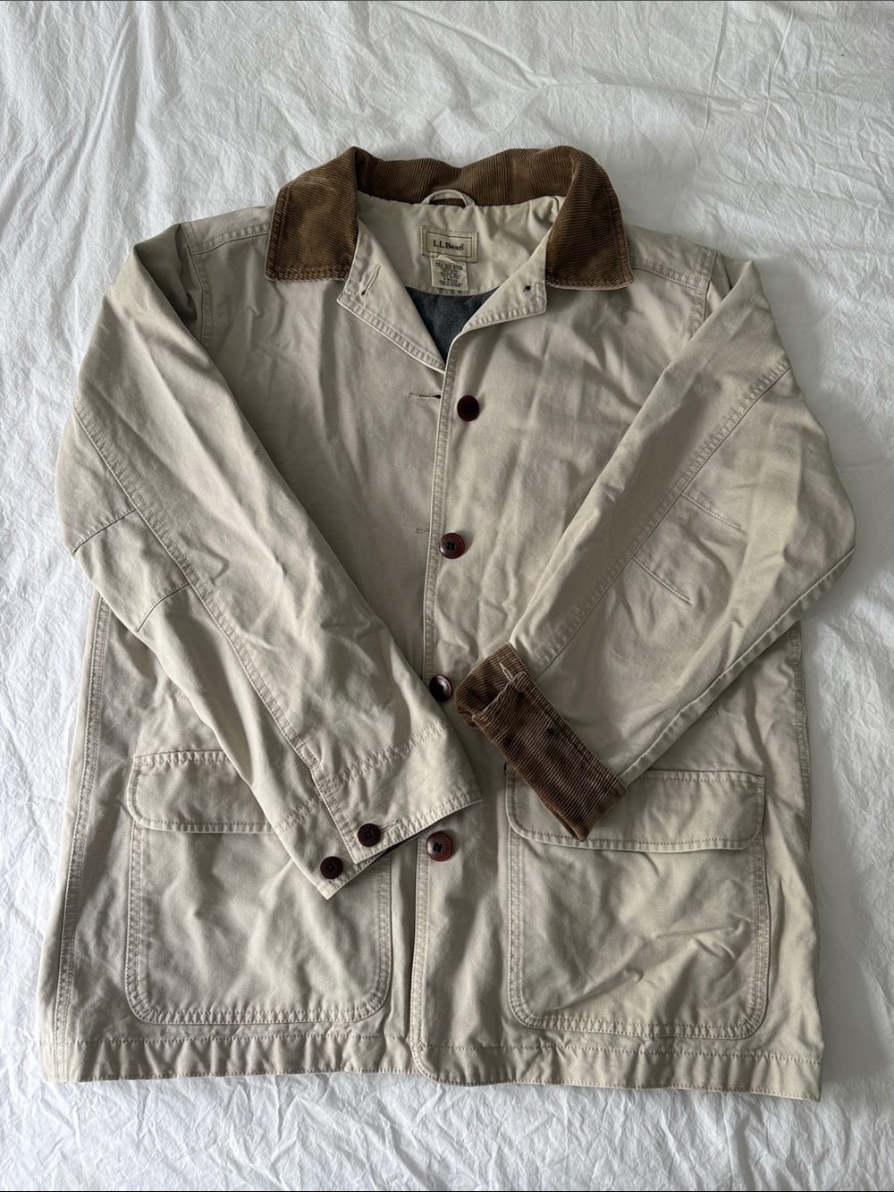 L.L. Bean Khaki Canvas Field Jacket with Brown Corduroy Collar